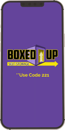 cellphone with boxed up design graphic, storage units, Illinois